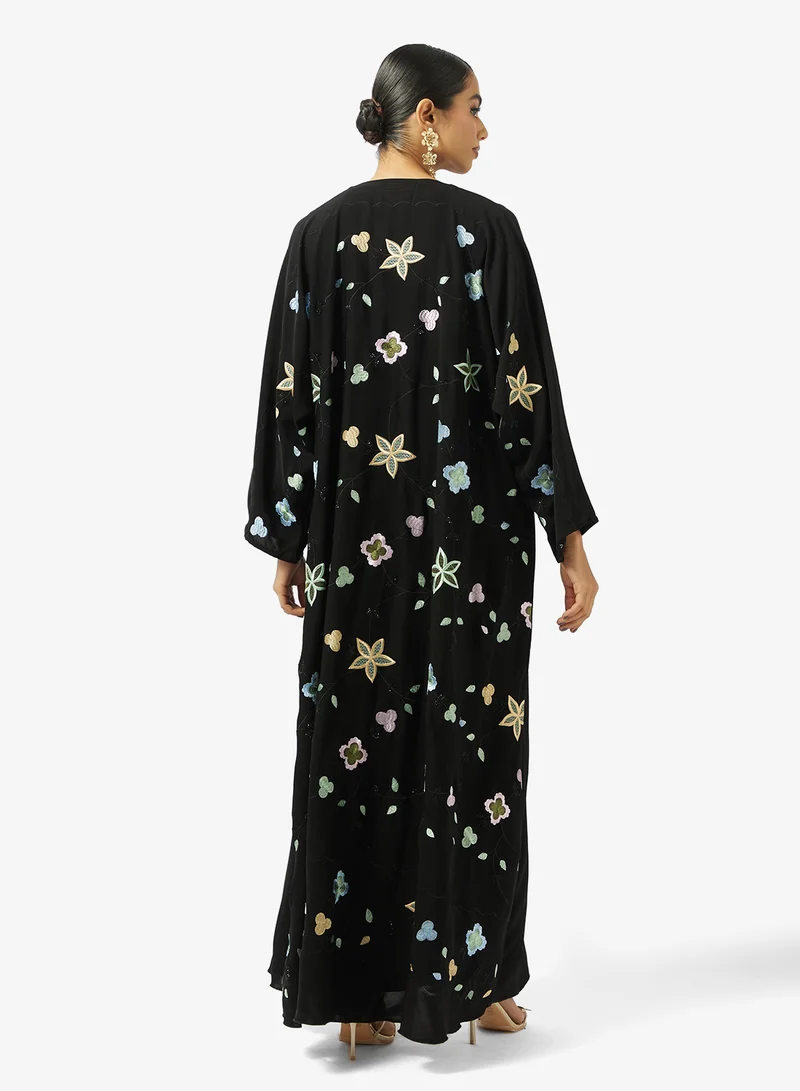 hayas closet Floral Embellished And Embroidered Open Front V Neck Abaya